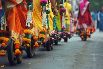 Obraz premium Ratha Yatra in India. Indian Chariot Festival. The return of Krishna. A beautiful celebration of a religious holiday. Decorated Chariot