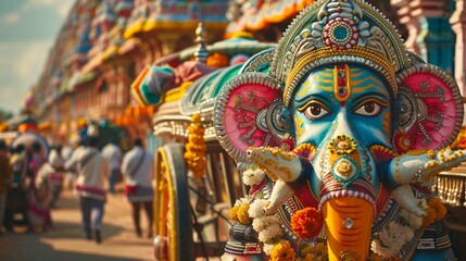 Fototapeta premium Ratha Yatra in India. Indian Chariot Festival. The return of Krishna. A beautiful celebration of a religious holiday. Decorated Chariot