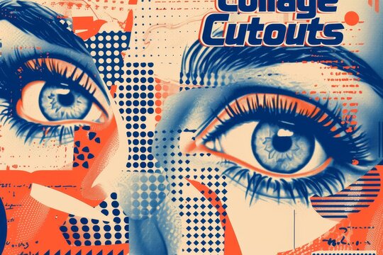 A cutout collage that resembles woman's lips and eye as well as scribble graffiti doodles. Modern illustration, grunge y2k punk crazy art template elements with feminine mouths.