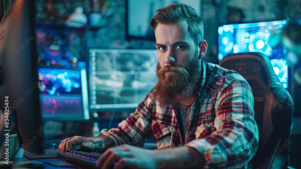 Poster a man with a beard and plaid shirt is sitting in front of a computer