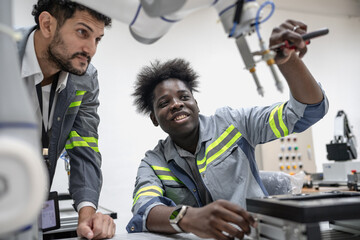 Group of diverse people working on robot programming in robotic and electronic engineering...