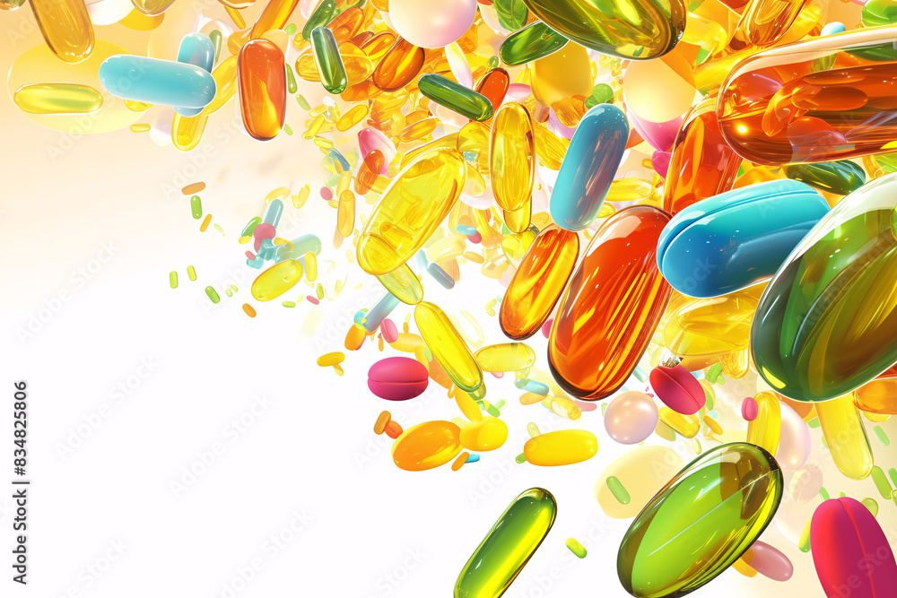 Poster colorful pills and capsules seemingly in motion creating an energetic and vibrant visual against a w