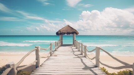 Fototapeta premium Scenic Tropical Beach with Wooden Pier and Thatched Hut Overlooking the Ocean