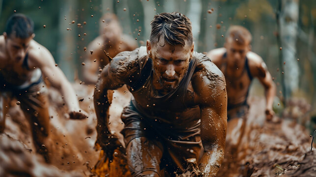 Captivating job advertisement for an obstacle event company, featuring a realistic photograph of beautiful trail terrain with mud, athletes immersed in the event, displaying teamwork and perseverance