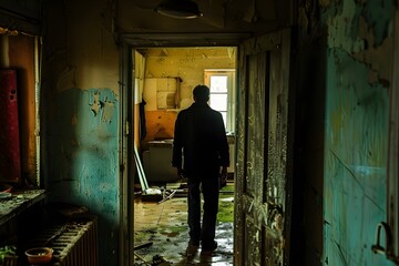 Fototapeta premium A man standing in a dark room with a bright light in the distance