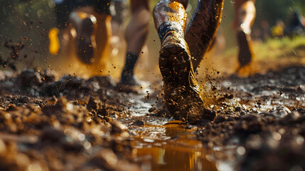 Motivational job ad poster for an obstacle event company, presenting an enticing trail terrain with muddy tracks, competitors in action, highlighting the thrill and adventure of the obstacle course
