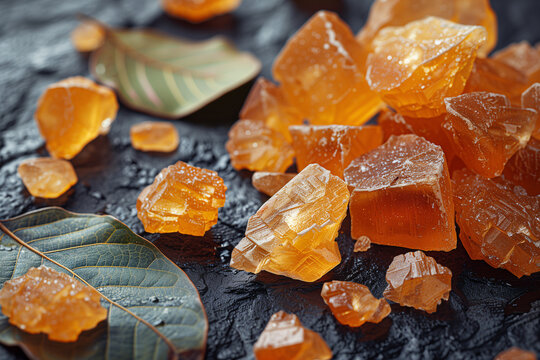 Close-up of amber resin, musk, and patchouli leaves used in perfumery, laid out on a textured surface
