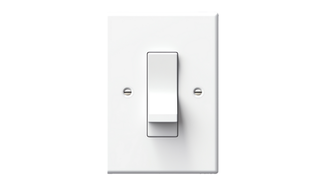 a white light switch with a black handle