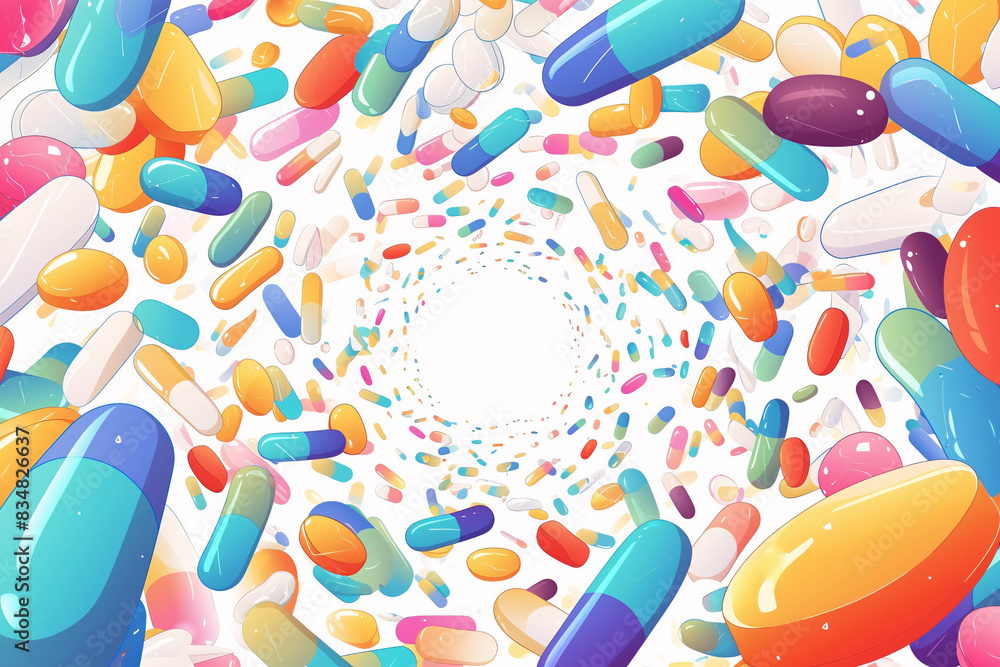 Poster vibrant spiral of colorful pills and capsules creating a dynamic and eye-catching pattern suggesting
