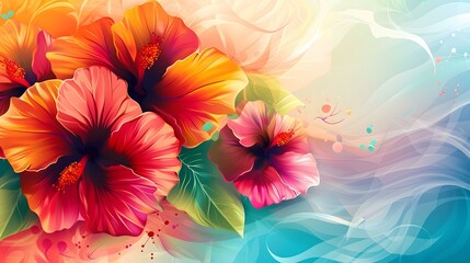 Red and pink hibiscus flowers with green leaves on a blue and purple background