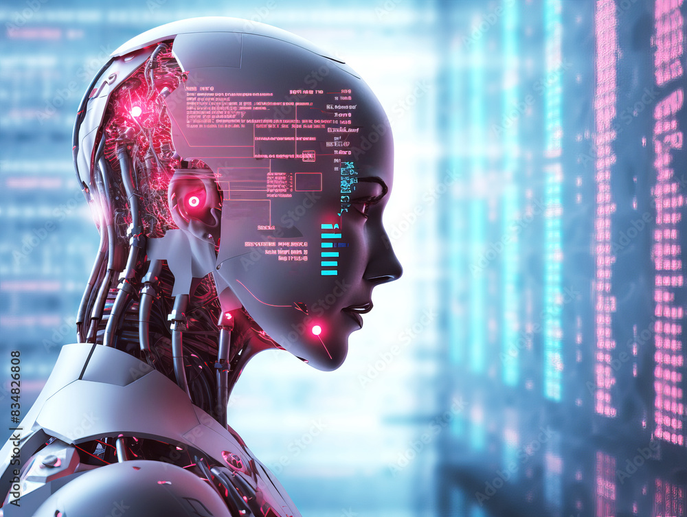 Aufkleber Side profile of a female robot with internal mechanisms visible, digital backdrop, concept of futuristic AI. Generative AI