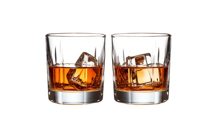 two glasses with amber liquid and ice cubes