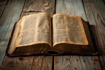 An open Bible rests on a rustic wooden table, its pages revealing highlighted passages about life