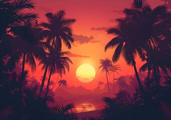 Obraz premium Palm Trees Sunset Silhouette