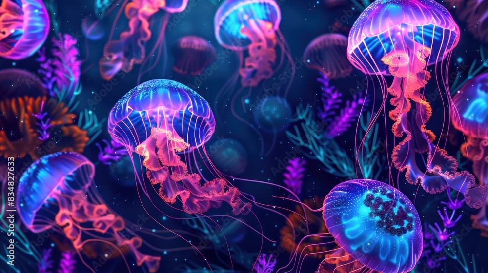 Wall mural glowing jellyfish and algae on underwater neon wallpaper