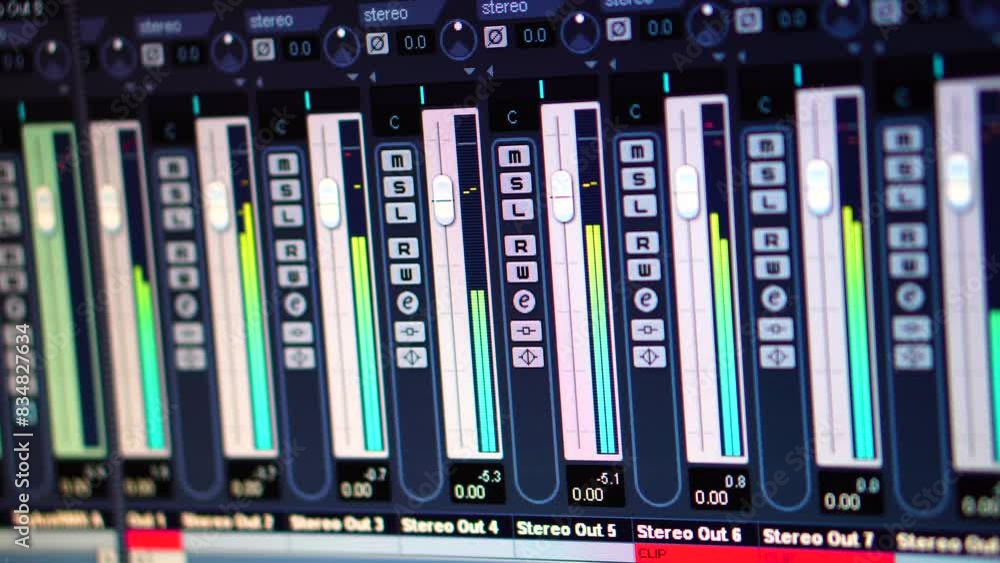 Poster digital audio recording studio, channel stereo levels in computer software screen display