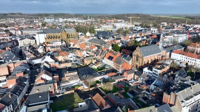 Diest, Belgium Aerial Cityscape Dolly In - Sunny Day
