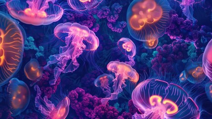 glowing jellyfish and algae on underwater neon wallpaper