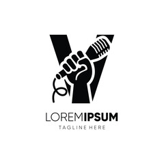 Letter V Hand with Microphone Logo Design Vector Icon Graphic Emblem Symbol Ilustration