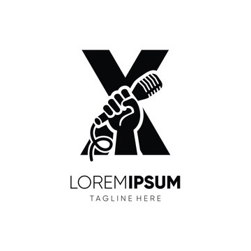 Letter X Hand with Microphone Logo Design Vector Icon Graphic Emblem Symbol Ilustration