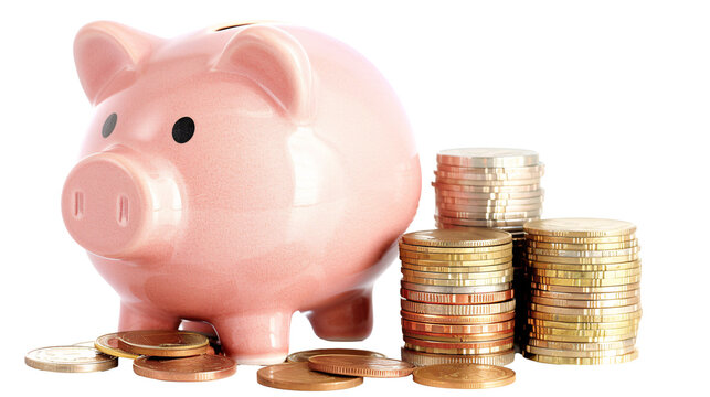 a piggy bank and stacks of coins