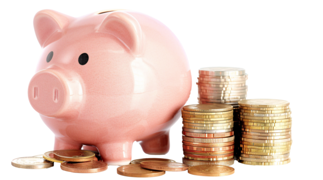 a piggy bank and stacks of coins