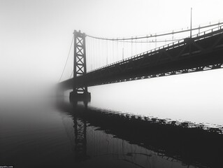 Bridge in fog with boat