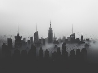 Fototapeta premium Numerous birds soaring above urban area in mist