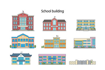 School buildings of various designs. outline Simple flat design illustration.