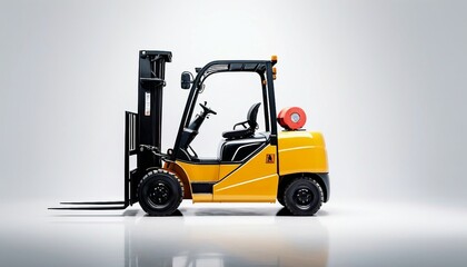 forklift truck, isolated white background, glossy ground
