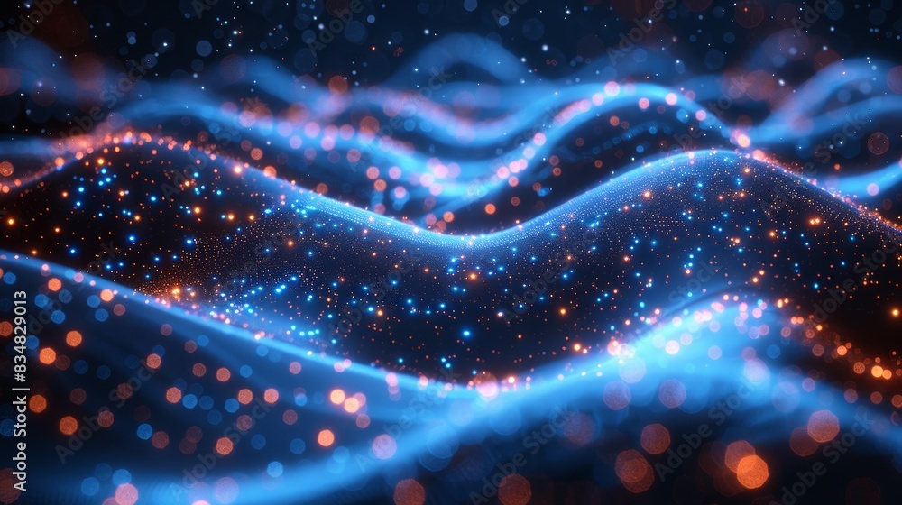 Poster a digital abstract image showcasing shimmering blue particles forming dynamic, wavelike patterns on 