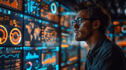 An individual stands in front of high-tech screens displaying various types of analytic data graphs and metrics
