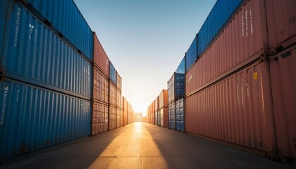 sunlight coming through cargo containers in a commercial harbour
