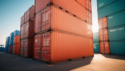 Fototapeta premium sunlight coming through cargo containers in a commercial harbour 