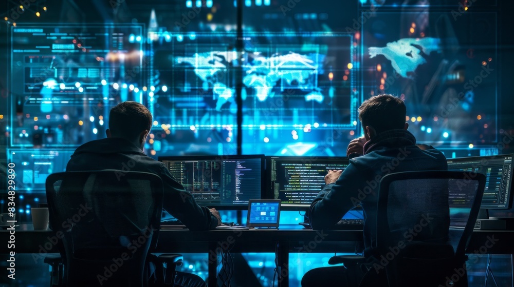 Poster Two men are sitting at a computer desk with monitors in front of them