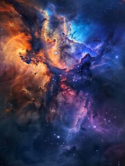 Fototapeta premium This image depicts a breathtaking nebula with vibrant swirls of blue, purple, and orange gas and dust. The illuminated regions and scattered stars create a dynamic and awe-inspiring cosmic display.