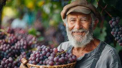 Obraz premium A cheerful old man with a cap holds a wicker basket full of fresh grapes, symbolizing agriculture and vitality