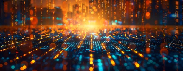 Naklejka premium Digital binary code background with glowing lights and bokeh effect.