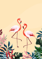 Cute Flamingo isolated on pastel yellow with tropical leaves background. Summer and botanical thematic. Vector illustration.