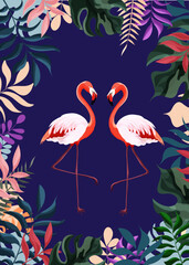 Cute Flamingo isolated on blue intense dark with tropical leaves background. Summer and botanical thematic. Vector illustration.