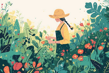 夏の太陽の下、農作物の世話をする女性農家
Female farmer tending to her crops under the summer sun
