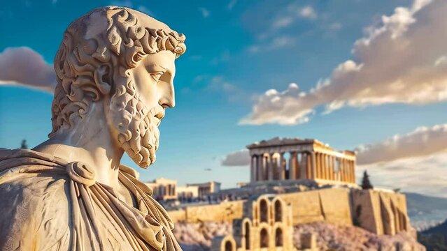 Greek philosophers` statues, landscape and travelling destination concept