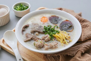 Congee or rice porridge with pork and eggs, thai food, asian food, chinese food