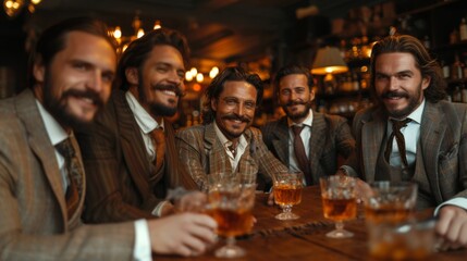 A gathering of five stylish men clinking glasses in a vintage bar setting