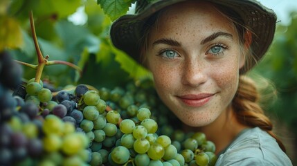 Obraz premium Close-up of a woman wearing a hat, her face framed by clusters of ripe grapes in a vineyard