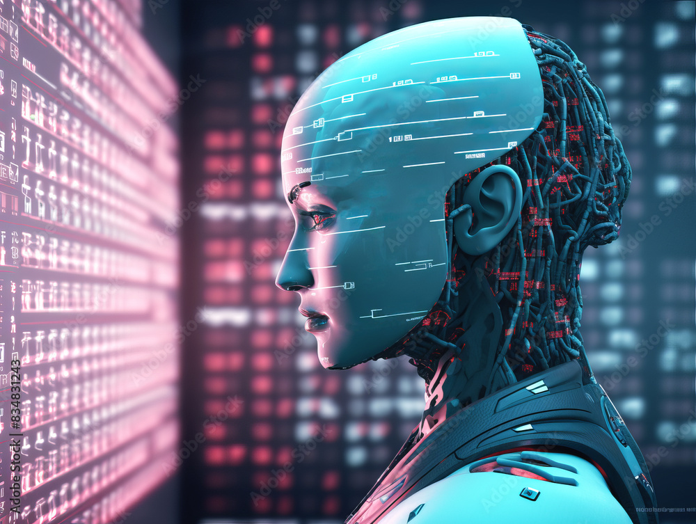 Aufkleber A detailed profile view of a cyborg head with digital code in the background, illustrating the concept of advanced technology. Generative AI