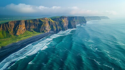 A stunning aerial shot of a massive cliff bordering the ocean, with waves crashing onto the shore