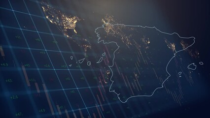 Cg footage from the territory of Spain with a fill from the flag against the backdrop of moving financial and economic graphs and charts against the backdrop of a world map