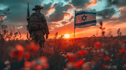 A soldier stands with his back to the camera facing the sunset, beside the Israeli flag, depicting possibly patriotism or military strength