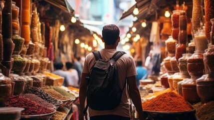 backpacker exploring a bustling city market, 